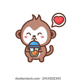 Cute monkey loves drink bubble tea cartoon illustration