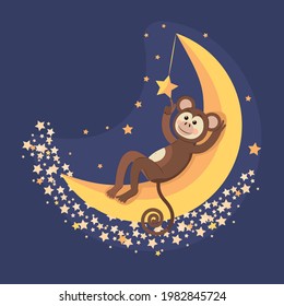 The cute monkey is lying on the moon and playing with a star. Children's vector illustration.