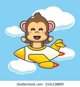 cute monkey mascot cartoon character ride on plane jet
