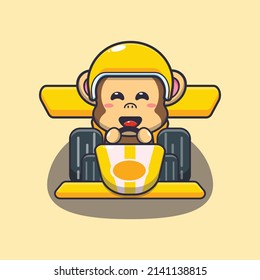 cute monkey mascot cartoon character riding race car