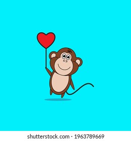 cute monkey mascot cartoon illustration holding a love heart balloon
