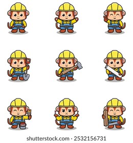 Cute Monkey mascot works in construction. Cute Monkey builder cartoon. Animal builders.