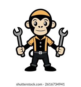 Cute Monkey Mechanic Holding Wrenches