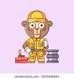 Cute monkey mechanic with tool at workshop cartoon animal character mascot icon flat style illustration concept set
