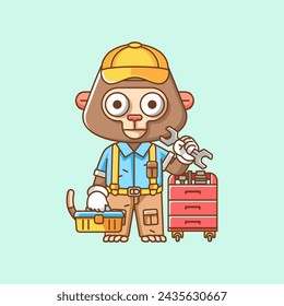 Cute monkey mechanic with tool at workshop cartoon animal character mascot icon flat style illustration concept set