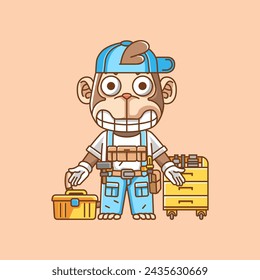 Cute monkey mechanic with tool at workshop cartoon animal character mascot icon flat style illustration concept set