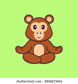 Cute monkey is meditating or doing yoga. Animal cartoon concept isolated. Can used for t-shirt, greeting card, invitation card or mascot.