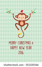 cute monkey merry Christmas and happy new year greeting