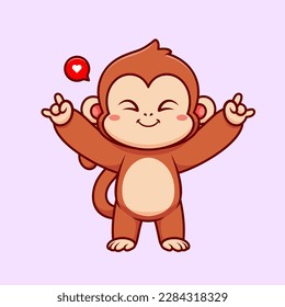 Cute Monkey With Metal Hand Pose Cartoon Vector Icon Illustration. Animal Nature Icon Concept Isolated Premium Vector. Flat Cartoon Style