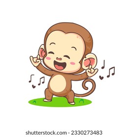 Cute monkey with metal hand sign cartoon character. Adorable animal mascot concept design. Isolated white background. Flat Vector illustration