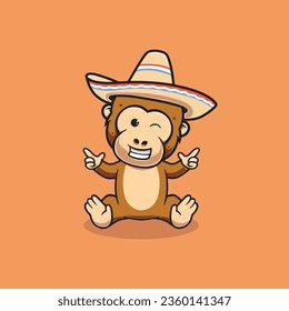 Cute monkey with Mexican hat cartoon illustration