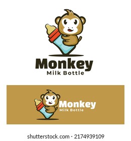 Cute monkey with milk bottle art illustration