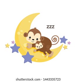 Cute monkey mom and baby sleep on the moon.