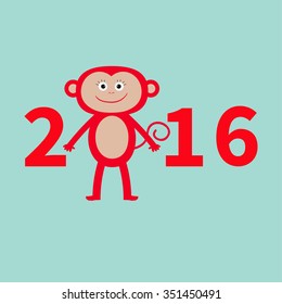 Cute monkey. New Year 2016.  Baby illustration. Greeting card. Blue background. Flat design. Vector illustration