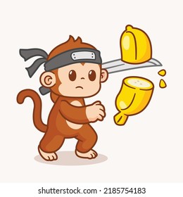 Banana Cute Monkey Ninja Slash Con Ilustración Del Icono Del Vector De Espadas. Icono de diseño de mascota animal lindo estilo de dibujos animados aislados vectores.