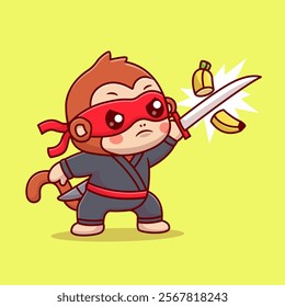 Cute Monkey Ninja Slash Banana With Katana Sword Cartoon 
Vector Icon Illustration. Animal Holiday Icon Concept Isolated 
Premium Vector. Flat Cartoon Style