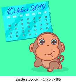 So cute monkey with October 2019 calendar scene vector wallpaper on a green backgrounds
