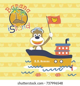 Cute monkey on boat going to banana island on banana striped background, vector cartoon illustration
