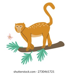 Cute monkey on branch of tropical tree in cartoon flat style. Macaque Vector illustration isolated. Children asian animal isolated on white. Hand drawn flat illustration.