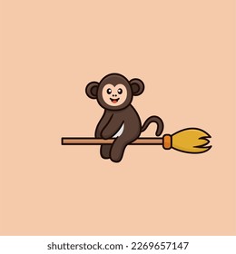 A cute monkey on a broomstick