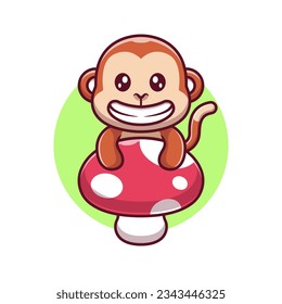 Cute Monkey On Mushroom Cartoon Vector Icon Illustration. Animal Nature Icon Concept Isolated Premium Vector. Flat Cartoon Style