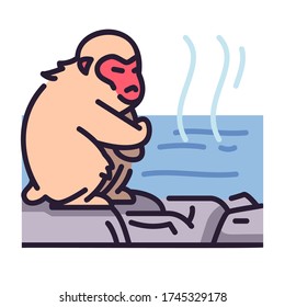 Mono lindo en onsen, baño de vapor en ilustración de invierno. Adecuado para libros infantiles, sitios web, ícono, etc.