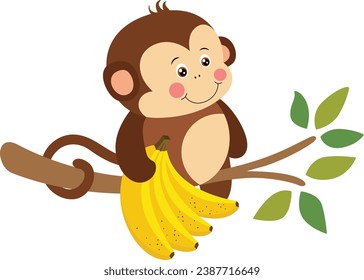 Cute monkey on tree branch holding bunch of bananas
