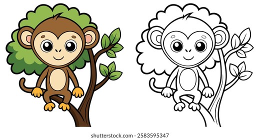 Cute Monkey On Tree Coloring Book For Kids Printable Vector