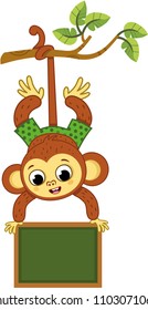 Cute monkey on a tree swinging with a board. Vector illustration.