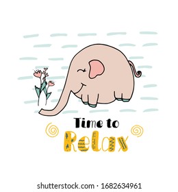 Cute monkey on vacation with the text - time to relax. Illustration for children posters, textiles, t-shirts. Flat vector greeting card template.