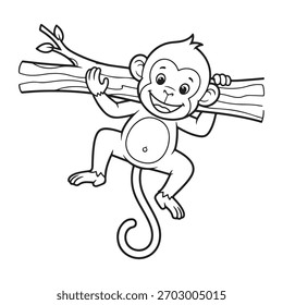 um delineamento macaco bonito balançando alegremente de um galho de árvore, perfeito para colorir páginas ou livros infantis