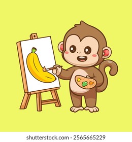 Cute Monkey Painting Banana Cartoon Vector Icon 
Illustration. Animal Art Icon Concept Isolated Premium Vector. 
Flat Cartoon Style