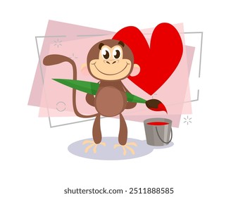 Cute monkey painting red heart with paintbrush. Love, romance, feeling. Valentine Day concept. Vector illustration can be used for topics like holiday, emotions, anniversary