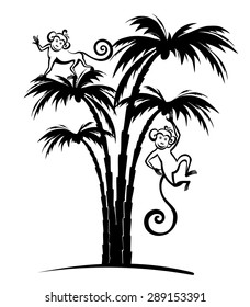 Cute monkey and palm tree isolate on white background. Vector Illustration