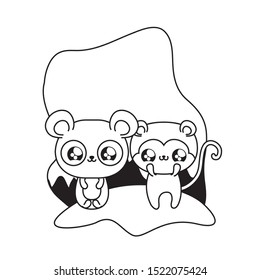 cute monkey with panda bear baby animals kawaii vector illustration design