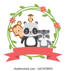 cute monkey panda raccoon owl animals wreath flowers vector illustration