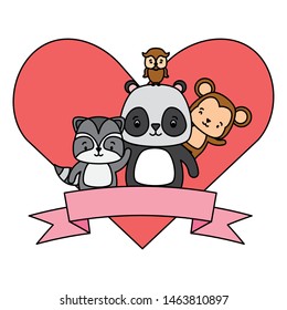 cute monkey panda raccoon owl animals heart love ribbon vector illustration