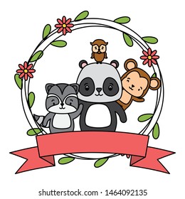 cute monkey panda raccoon owl animals wreath flowers vector illustration