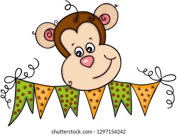 Cute monkey with party flag banner
