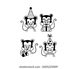 Cute Monkey Party Icons Black And White Color Vector Design Illustration