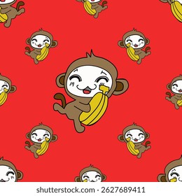 Cute monkey pattern with bananas on red background