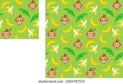 Cute monkey pattern design with three different expression, normal, laugh, and sleepy , green background for gift paper or pajamas.