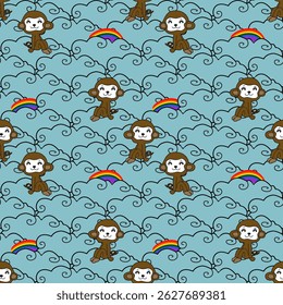 Cute monkey pattern with waves and rainbows.