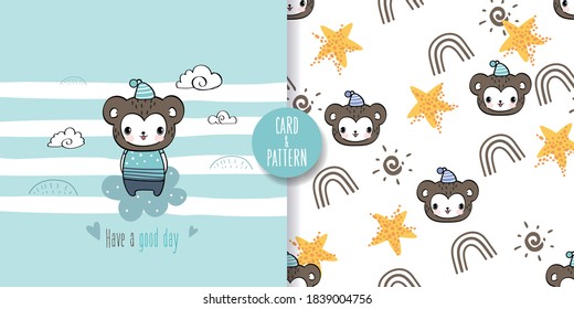 Dibujos de animales de compañía de mono lindo Mano dibujó a mascota Usando un disfraz sencillo con estampado Gestos Divertidos y divertidos Sonrisa colorida en un patrón y una ilustración impecables