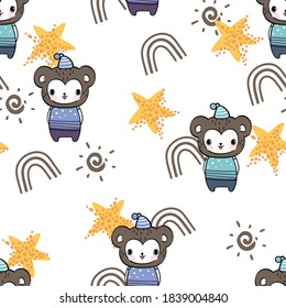 Cute monkey pet drawings Hand drawn pet Wearing a simple patterned costume Gestures Funny and fun Colorful face smile in Seamless pattern and illustration

