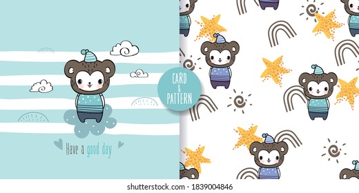 Cute monkey pet drawings Hand drawn pet Wearing a simple patterned costume Gestures Funny and fun Colorful face smile in Seamless pattern and illustration

