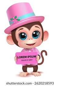 Cute monkey in a pink cylinder and a sign for your text