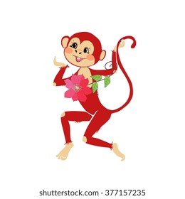 Cute monkey with pink flower. Vector illustration. Chinese symbol of 2016, 2028, 2040 years. Template for pillowcase, cushion, bedding. Clematis.