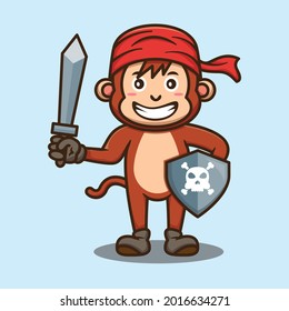 Cute Monkey Pirate Crew Cartoon Vector Desig