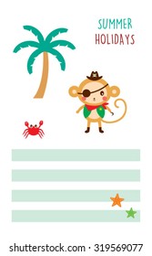 cute monkey pirate summer holidays tag vector